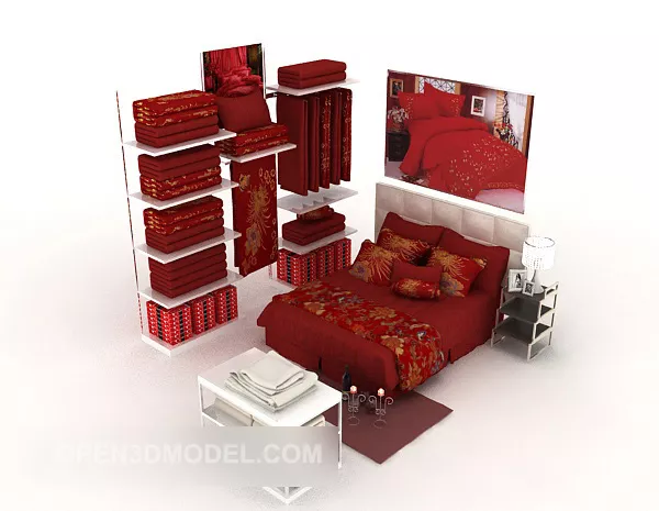 Chinese Red Festive Double Bed 3d model Chinese Red Festive Double Bed 3d model