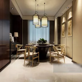 Chinese Restaurant With Lighting Interior 3d model