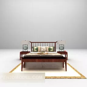 Chinese Wooden Bed With Carpet 3d model