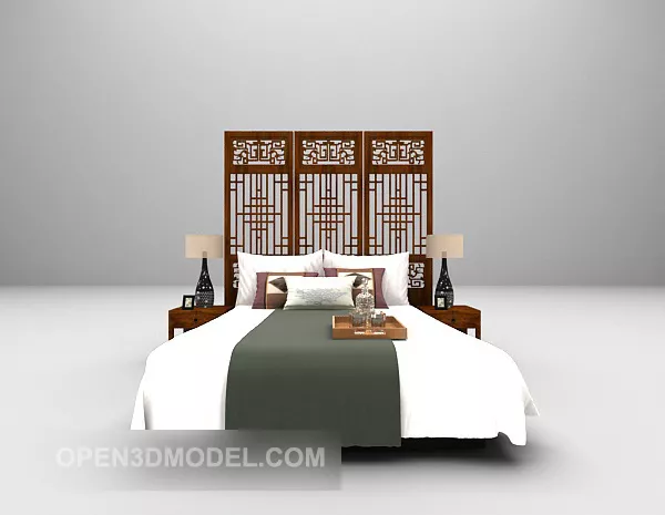Chinese Wooden Bed With Carving Backwall 3d model Chinese Wooden Bed With Carving Backwall 3d model