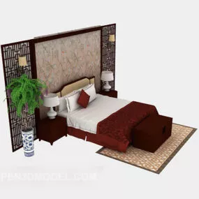 Chinese Wooden Double Bed 3d model