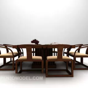 Chinese Brown Wooden Table And Chairs 3d model