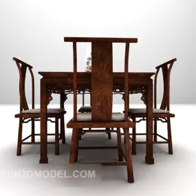 Chinese Style Wooden Table And Chairs 3d model
