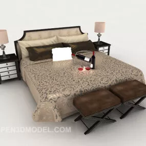 Dark Solid Wood Double Bed 3d model