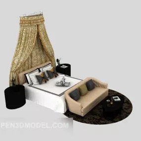Double Bed Sofa Curtain Back Wall 3d model