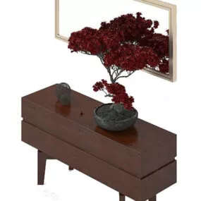 European Wooden Table With Plant Potted 3d model