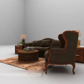 European Brown Sofa Large Full Sets 3d model