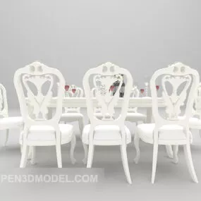 European White Wooden Dining Table Chair 3d model