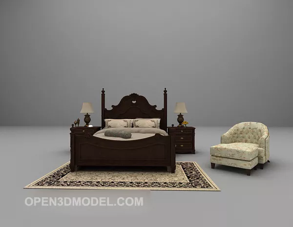 European Double Bed Large Full Sets 3d model European Double Bed Large Full Sets 3d model