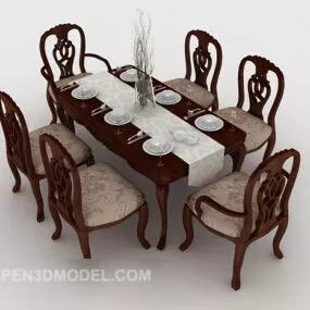 European High-grade Solid Wood Table Chair 3d model