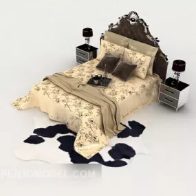 European Home Pattern Yellow Double Bed 3d model