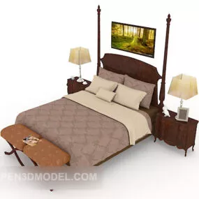 European Home Simple Wooden Double Bed 3d model