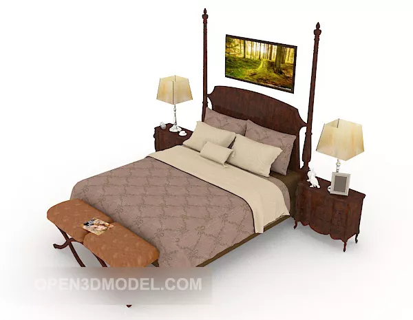 European Home Simple Wooden Double Bed 3d model European Home Simple Wooden Double Bed 3d model