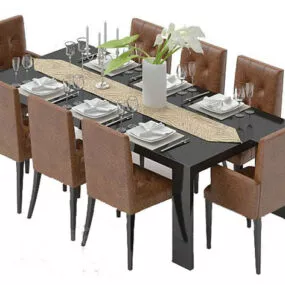 European Long-shaped Dining Table Chair Set 3d model