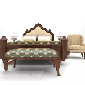 European Retro Bed Wooden Material 3d model