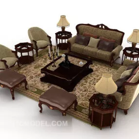 European Retro Brown Wood Sofa Sets 3d model