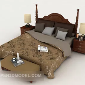 European Solid Wood Home Bed Furniture 3d model