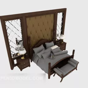 European Solid Wood Home Double Bed 3d model