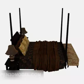 European Style Solid Wood Double Bed 3d model