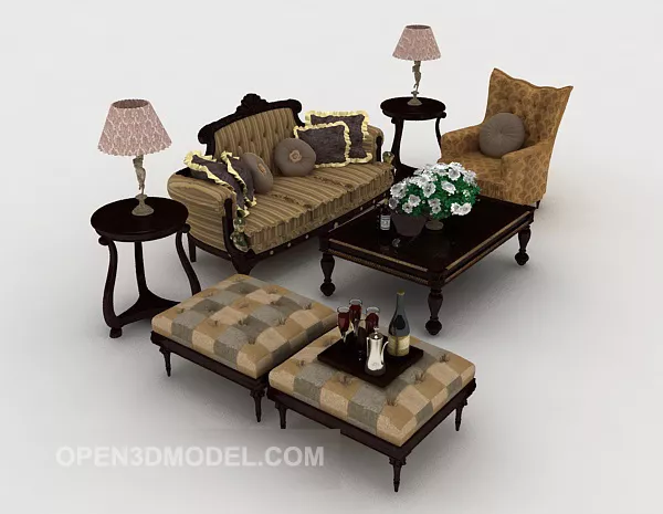 European-style Wooden Retro Combination Sofa 3d model European-style Wooden Retro Combination Sofa 3d model