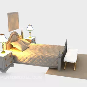 European Wood Bed With Nighstand And Lamp 3d model
