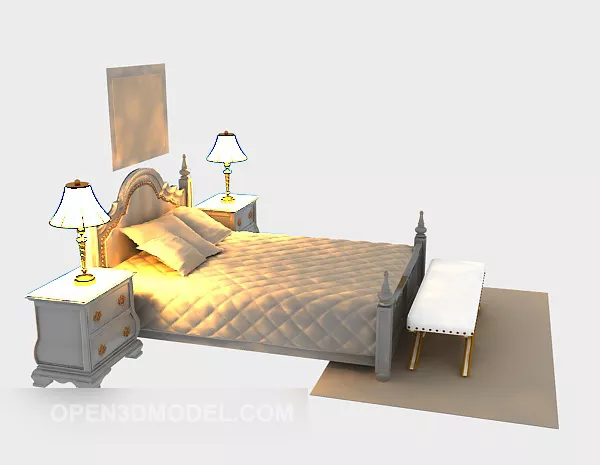 European Wood Bed With Nighstand And Lamp 3d model European Wood Bed With Nighstand And Lamp 3d model