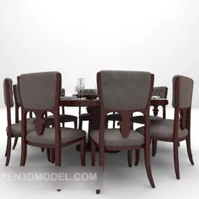 European Wooden Dining Table With Chairs 3d model