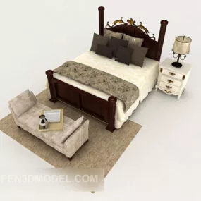 European Wooden Simple Home Double Bed 3d model