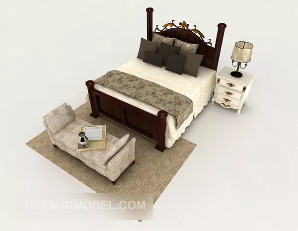 European Wooden Simple Home Double Bed 3d model European Wooden Simple Home Double Bed 3d model