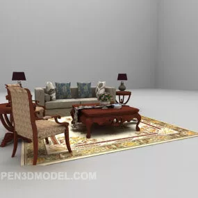 European Wooden Sofa Retro Style 3d model