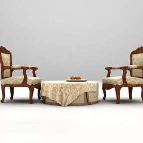 Retro European Wooden Table And Chair 3d model