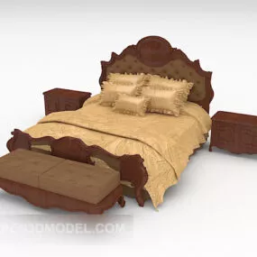 European Wooden Yellow Double Bed V1 3d model
