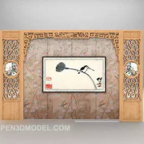 Chinese Painting With Wooden Background Wall 3d model