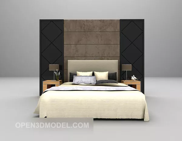 Grey Bed With Backwall Decor 3d model Grey Bed With Backwall Decor 3d model