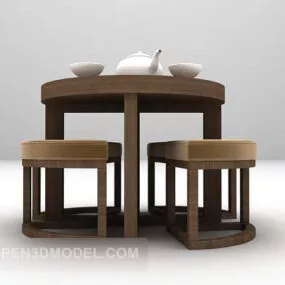 Grey Wooden Table And Stools 3d model