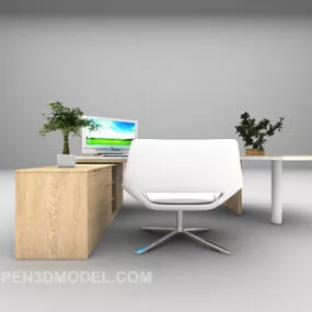 Grey Wood Desk With Chair And Potted Plant 3d model