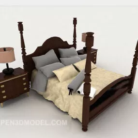 Home Simple Wood Yellow Double Bed 3d model