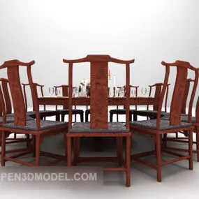 Large Round Table Wooden Style 3d model