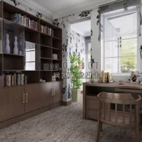 Modern Study Room With Furniture Set 3d model