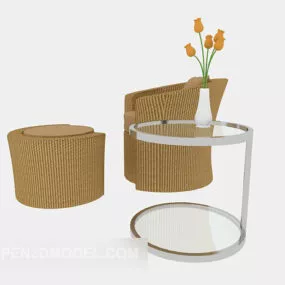 Modern Rattan Sofa, Glass-side Table 3d model