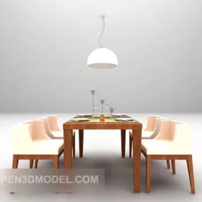 Modern Wooden Dining Table With White Chair 3d model