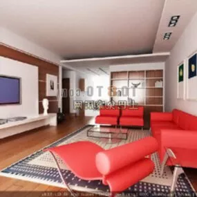 Modern Living Room With Red Sofa 3d model