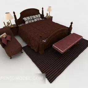 New Chinese Brown Wood Double Bed 3d model