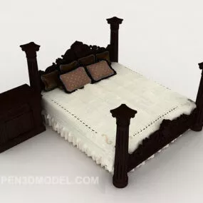 Chinese Dark Brown Wood Double Bed 3d model