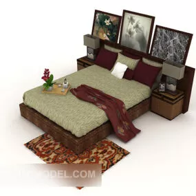 New Chinese Home Brown Wood Double Bed 3d model