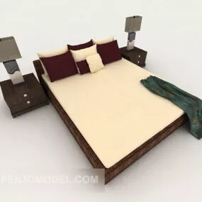 Chinese Home Double Bed With Lamp 3d model