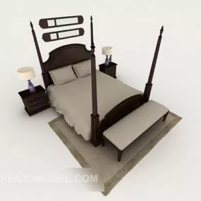 Furniture Chinese Solid Wood Double Bed 3d model