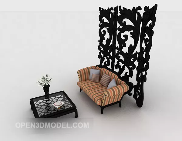 New Chinese Striped Double Sofa 3d model New Chinese Striped Double Sofa 3d model