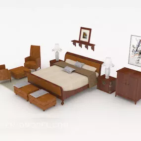 Chinese-style Wooden Minimalist Double Bed 3d model