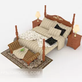 New Chinese Wood Brown Double Bed 3d model
